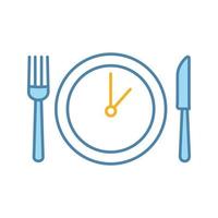 Lunch time color icon. Dinner break. Afternoon business meeting. Business lunch timing and duration. Table knife, fork and plate with clock inside. Isolated vector illustration