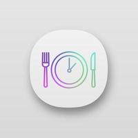 Lunch time app icon. Dinner break. Afternoon business meeting. Business lunch timing and duration. Table knife, fork and plate with clock inside. UI UX user interface. Vector isolated illustration