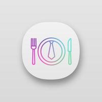 almuerzo de negocios, icono de la aplicación de cena. hablando de negocios durante la comida. cuchillo de mesa, tenedor y plato con lazo en el interior. interfaz de usuario ui ux. aplicación web o móvil. ilustración vectorial aislada vector