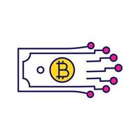 Digital money color icon. Bitcoin. Cryptocurrency. E-payment. Paper money with chipset pathway. Crypto currency. E-money. Isolated vector illustration