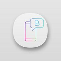 Bitcoin chat app icon. UI UX user interface. Web or mobile application. Cryptocurrency forum. Smartphone with bitcoin sign inside speech bubble. Crypto currency news notification. Vector illustration