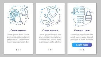 Account creation onboarding mobile app page screen with linear concepts. New user registration. Sign up. Authorization. Steps graphic instructions. UX, UI, GUI vector template with illustrations