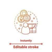 Cryptocurrency market concept icon. Mining business idea thin line illustration. Instant market growth. Marketer, businessman. Vector isolated outline drawing. Editable stroke