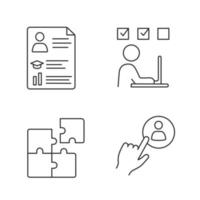 Business management linear icons set. Resume, online training, solution searching, staff hiring button. Thin line contour symbols. Isolated vector outline illustrations. Editable stroke