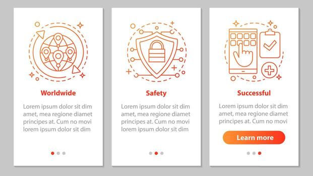 Delivery and trading onboarding mobile app page screen with linear concepts. Worldwide, successful, safe steps graphic instructions. UX, UI, GUI vector template with illustrations