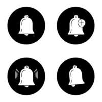 UI UX glyph icons set. Modes of notifications. Reminder. Vector white silhouettes illustrations in black circles