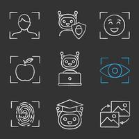 conjunto de iconos de tiza de aprendizaje automático. inteligencia artificial. chatbot, rostro, retina, identificación de huellas dactilares. Ilustraciones de vector pizarra