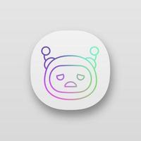 Sad robot emoji app icon. Upset chatbot smiley. UI UX user interface. Chat bot emoticon. Virtual assistant. Artificial intelligence. Web or mobile application. Vector isolated illustration