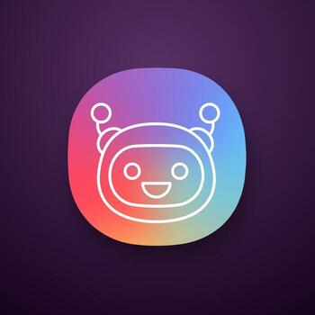 Laughing robot emoji app icon. Happy chatbot smiley with broad smile and open eyes. Chat bot emoticon.UI UX user interface. Web or mobile application. Vector isolated illustration