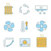 Air conditioning color icons set. Radiator, ventilation, ionizer, exhaust fan, ventilator, climate control, louvers, thermostat, heating element. Isolated vector illustrations