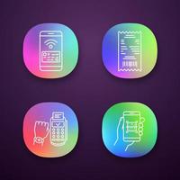 NFC payment app icons set. Cash receipt, QR code scanner, NFC smartphone and smartwatch. UI UX user interface. Web or mobile applications. Vector isolated illustrations