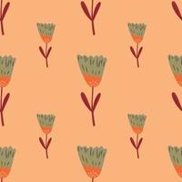 Doodle botanic seamless pattern with green pale flowers ornament. Coral pastel background. vector