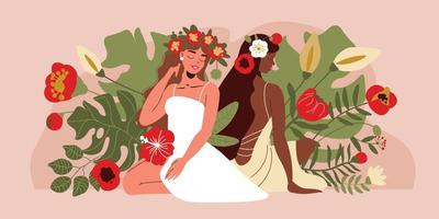 mujeres con flores ilustracion vector