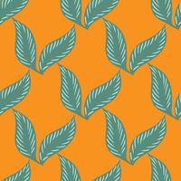 Blue colored leaves seamless pattern in simple hand drawn style. Bright orange background. Seasonal print. vector