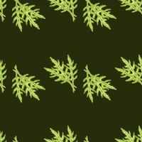 Seamless pattern bunch arugula salad on dark green background. Simple ornament with lettuce. vector