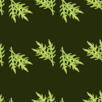 Seamless pattern bunch arugula salad on dark green background. Simple ornament with lettuce. vector