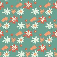 Pastel palette seamless pattern with white, red and orange flowers abstract print. Blue background. vector