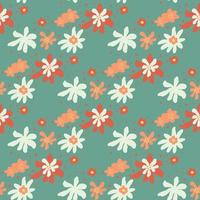 Pastel palette seamless pattern with white, red and orange flowers abstract print. Blue background. vector