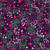 Abstract random botanic seamless pattern with green foliage and lilac flowers print. Purple background. vector