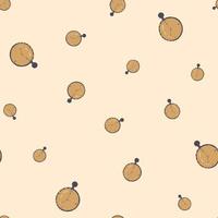 Seamless random pattern with orange colored stopwatch elements. Light pink background. Simple style. vector