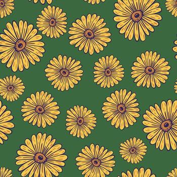 Natural seamless pattern with random yellow contoured sunflower elements. Green background. vector