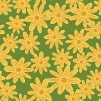 Random decor seamless pattern with yellow flowers daisy shapes. Green background. Organic print. vector