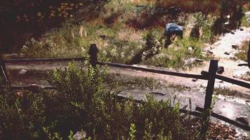 Landscape with wooden fence grassy meadow and path video