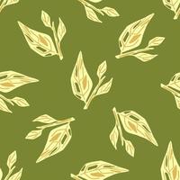 Natural seamless pattern with simple doodle yellow leaves ornament on green background. vector