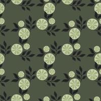 Abstract geometric lemon slice ornament with leaves seamless pattern. Dark pale green background. vector