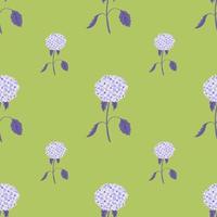 Minimalistic style floral seamless pattern with purple pastel hydrangea flower shapes. Green background. vector