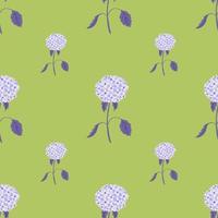 Minimalistic style floral seamless pattern with purple pastel hydrangea flower shapes. Green background. vector