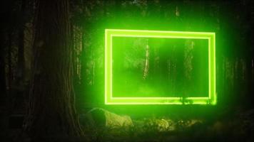 Neon glowing rectangle frame in the night forest video