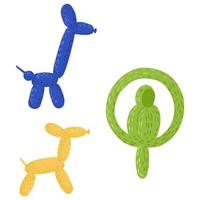 Set figures out of balloons on white background. Cheerful elements dog, giraffe and parrot in blue, yellow and green color in style doodle. vector