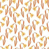 Decorative seamless isolated pattern with orange random snowdrops flowers ornament. White background. vector