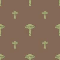 Green contoured mushroom elements seamless pattern in minimalistic style. Brown pastel background. vector