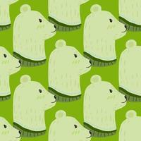 Cartoon seamless pattern with hand drawn bear head profile print. Green bright background. vector
