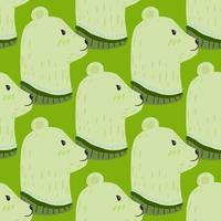 Cartoon seamless pattern with hand drawn bear head profile print. Green bright background. vector