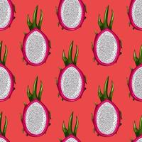 Geometric seamless pattern with half red dragon fruit on bright background. Exotic tropical pitayas wallpaper. vector
