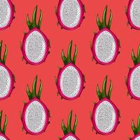 Geometric seamless pattern with half red dragon fruit on bright background. Exotic tropical pitayas wallpaper. vector