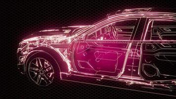 Holographic animation of 3D wireframe car model with engine video