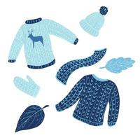 Composition ugly sweater on white background. Blue kit season clothing from sweater, mitten, cap, scarf and foliage sketch hand drawn in style doodle. vector