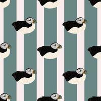 Ornithology seamless pattern with atlantic puffin black and white colored ornament. Striped blue background. vector