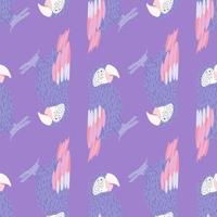 Zoo seamless doodle pattern with decorative pink, blue and white colored ara parrot. Pastel purple background. vector