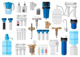 Kit water filter on white background in flat style. Set equipment for processes with special modern technologies water purification vector