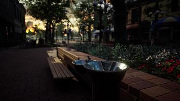 Nahaufnahme eines Trinkwasserbrunnens in einem Park bei Sonnenuntergang video