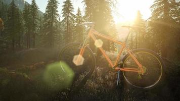 fiets in bergbos bij zonsondergang video