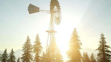Typische alte Windmühlenturbine im Wald bei Sonnenuntergang video