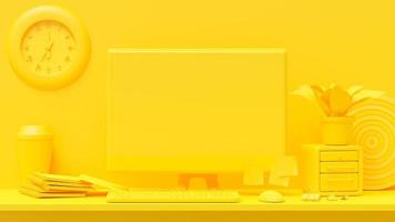 Minimal concept, computer on table Work desk yellow color and mock-up for your text with notebook ,mouse ,clock ,Paper clip and Dartboard. 3d render. photo