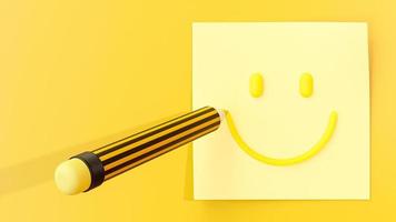 lápiz amarillo dibujando cara sonriente en post-it o papel de nota sobre fondo amarillo. espacio para banner y logo. concepto de idea mínima, presentación 3d.