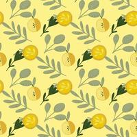 Summer seamless fruit pattern with yellow apples and grey leaf print. Pastel background. vector